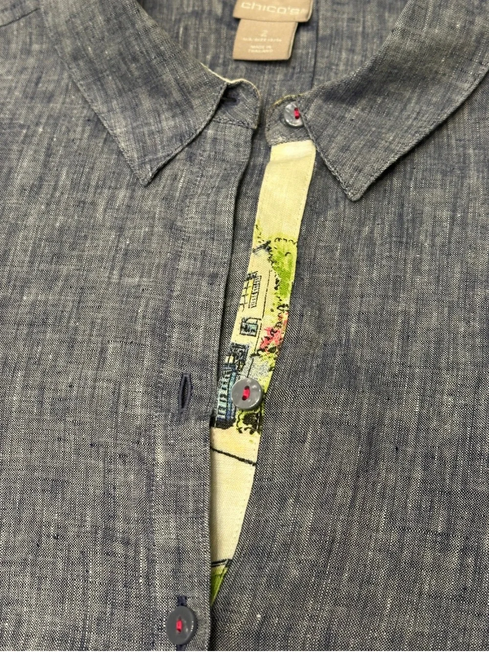 Chico’s No Iron 100% Linen Inner Beauty Tunic Shirt Floral Trim Size 2 L - Picture 8 of 11